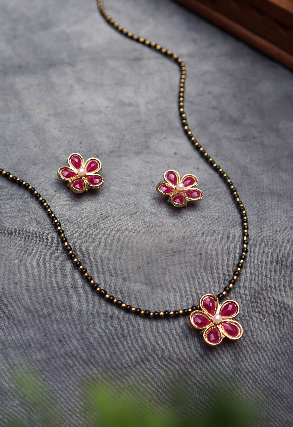 Flower Mangalsutra Necklace Set - Red