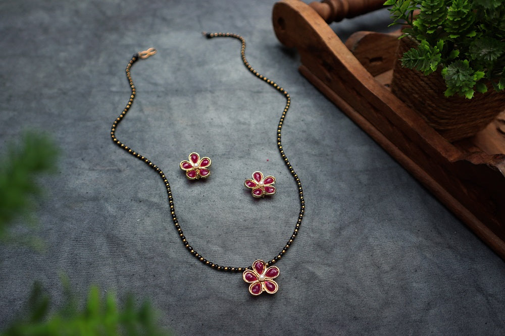 Flower Mangalsutra Necklace Set - Red