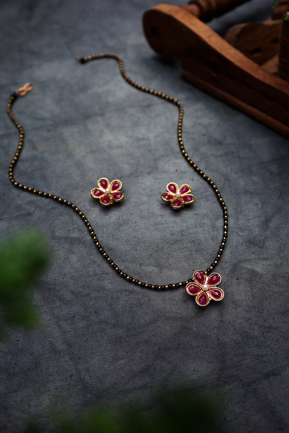 Flower Mangalsutra Necklace Set - Red