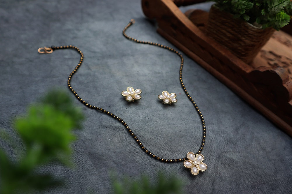 Flower Mangalsutra Necklace Set - Pearl