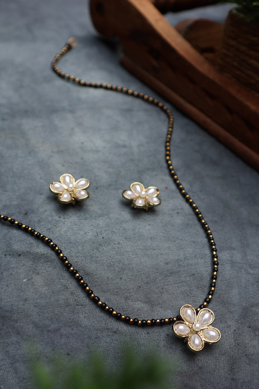 Flower Mangalsutra Necklace Set - Pearl