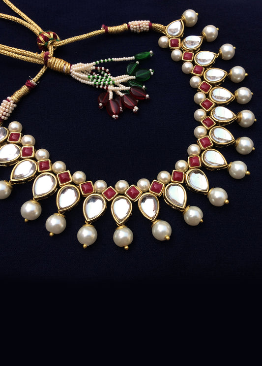 Kundan Pearl and Marsala Stone Necklace Set