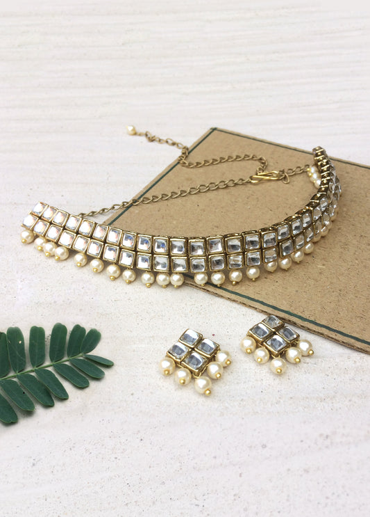 Square Kundan and Pearl Choker Necklace Set