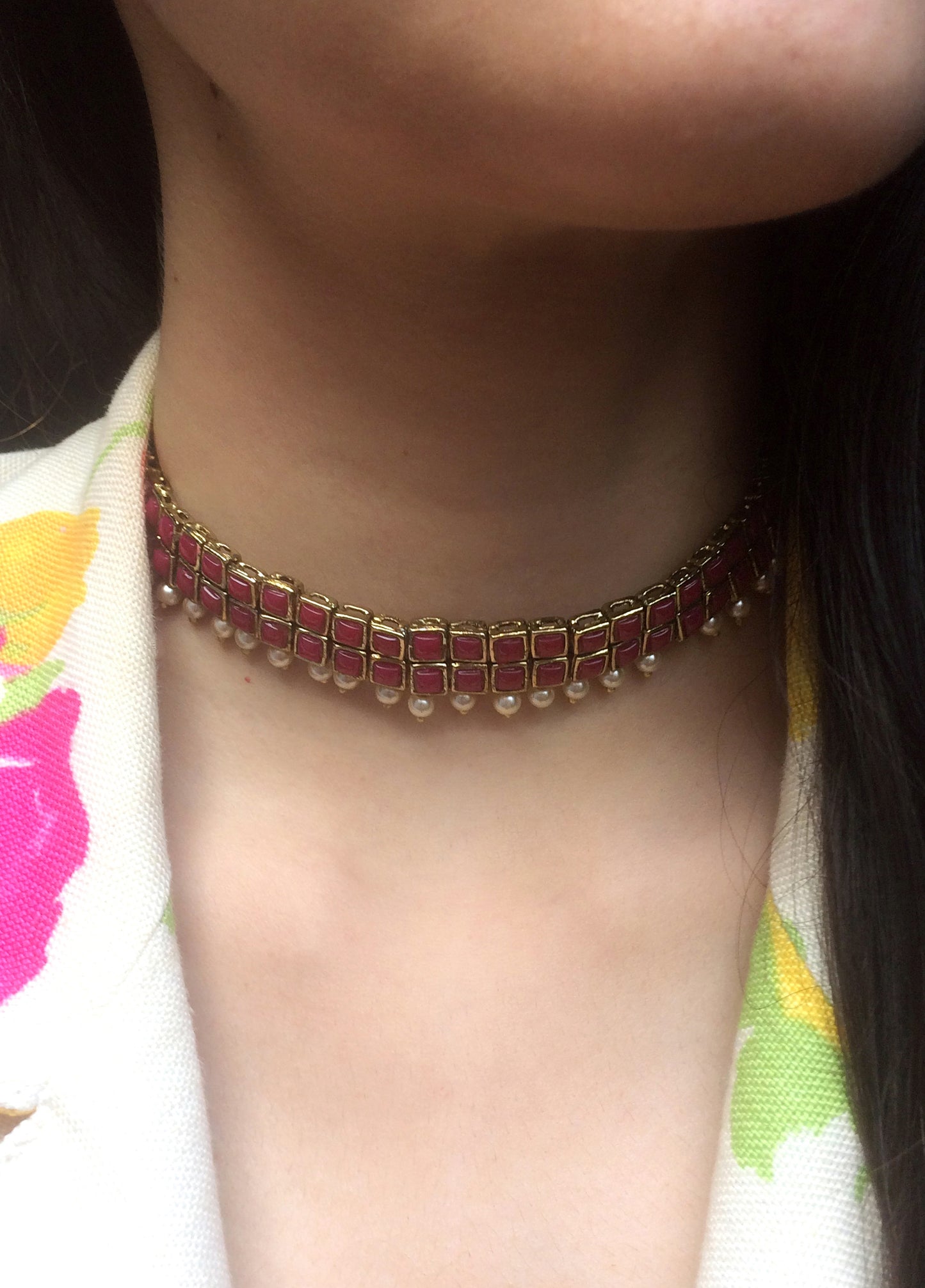 Red Resin Stone and Pearl Choker Necklace Set