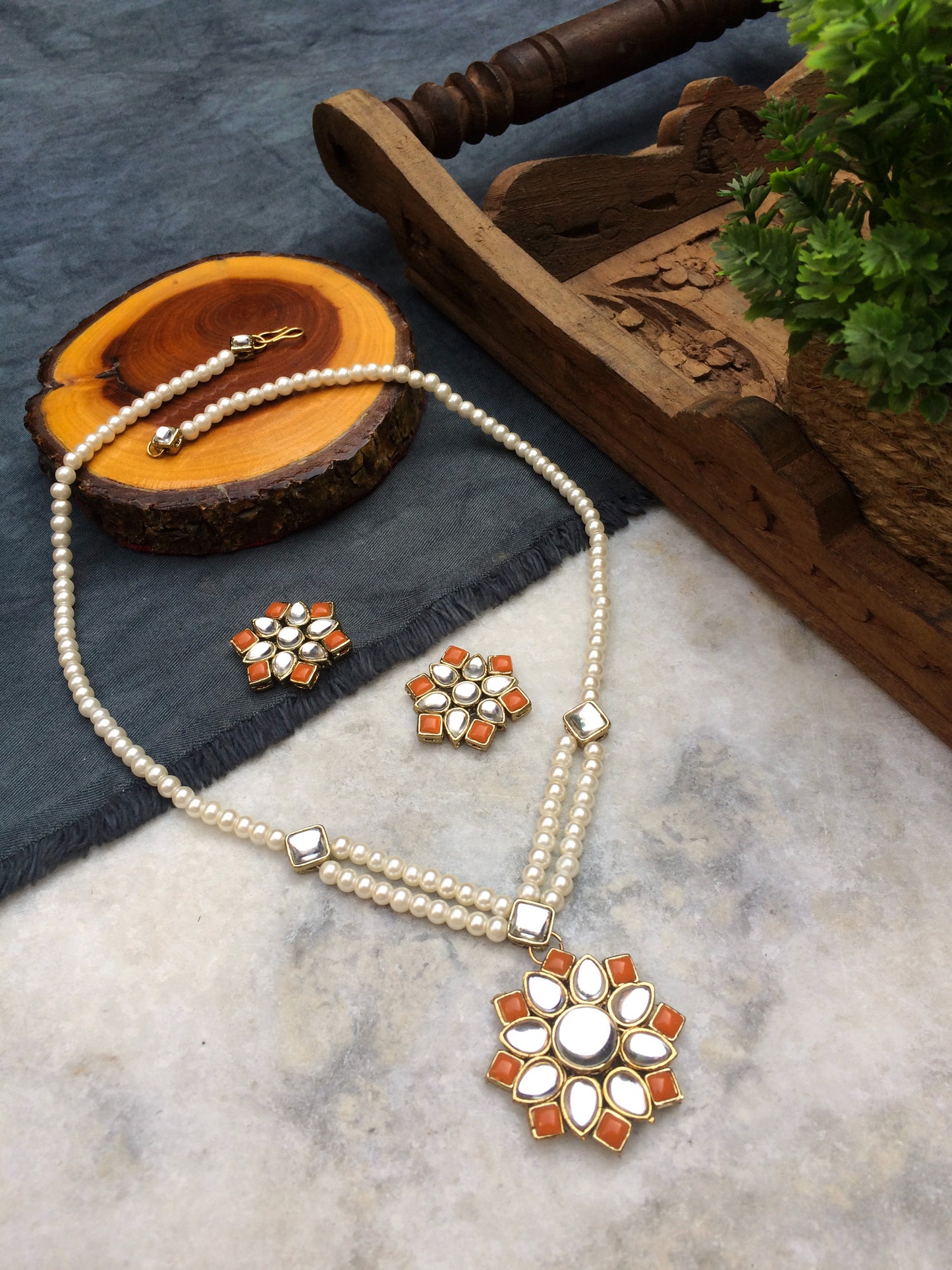 Kundan Pendant and Earrings Set - Orange