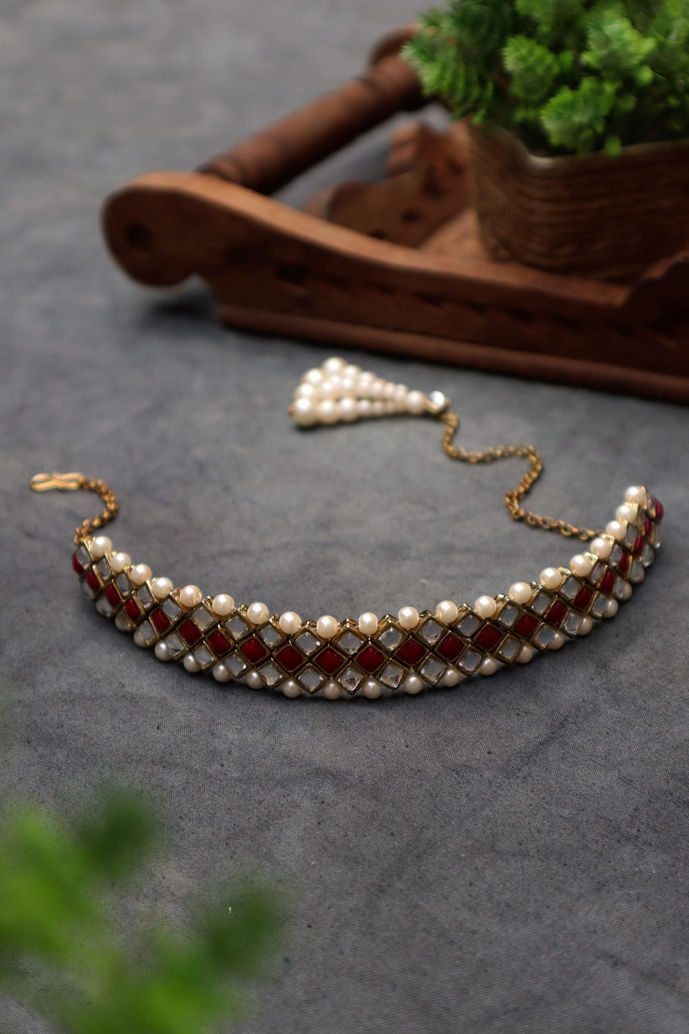 Kundan-Marsala Stone Choker Necklace Set With Bracelet