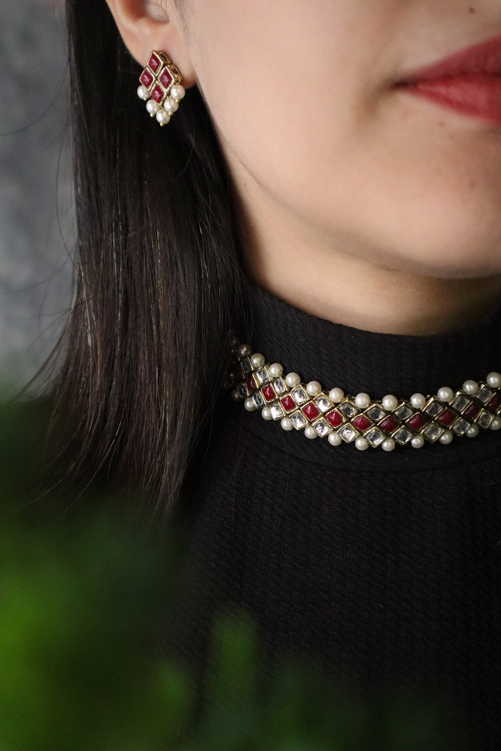 Kundan-Marsala Stone Choker Necklace Set With Bracelet