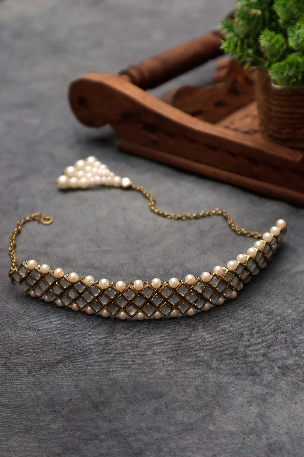Kundan and Pearl Choker Necklace Set With Bracelet