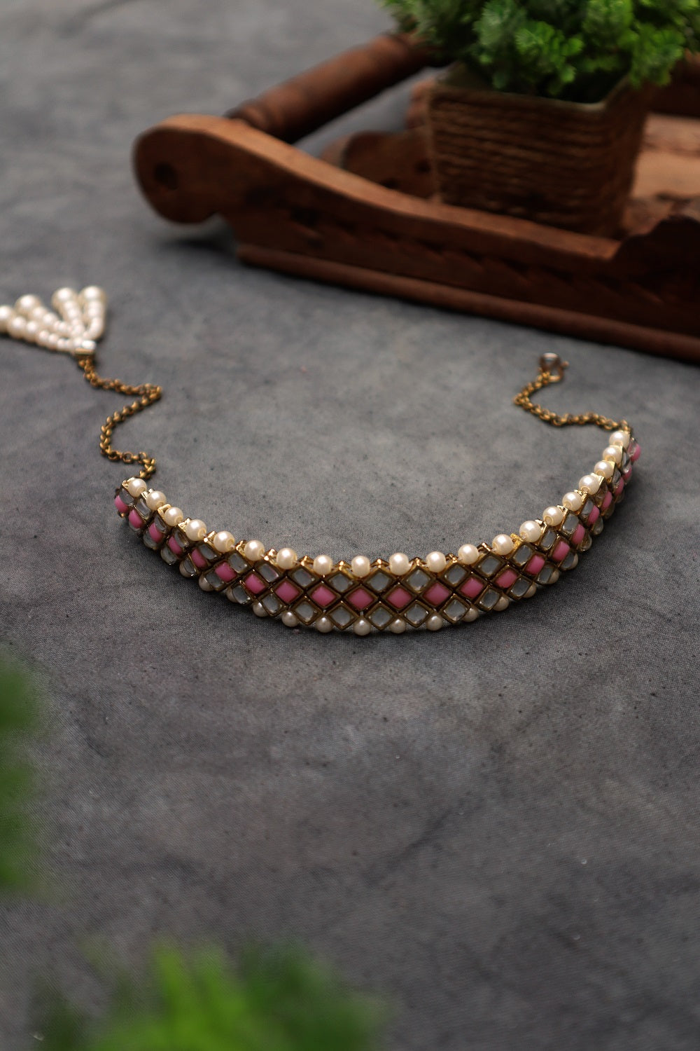 Kundan-Pink Stone Choker Necklace Set With Bracelet