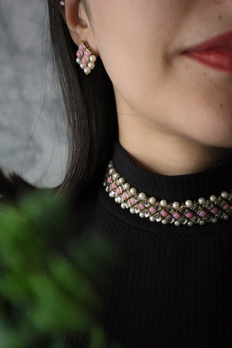 Kundan-Pink Stone Choker Necklace Set With Bracelet