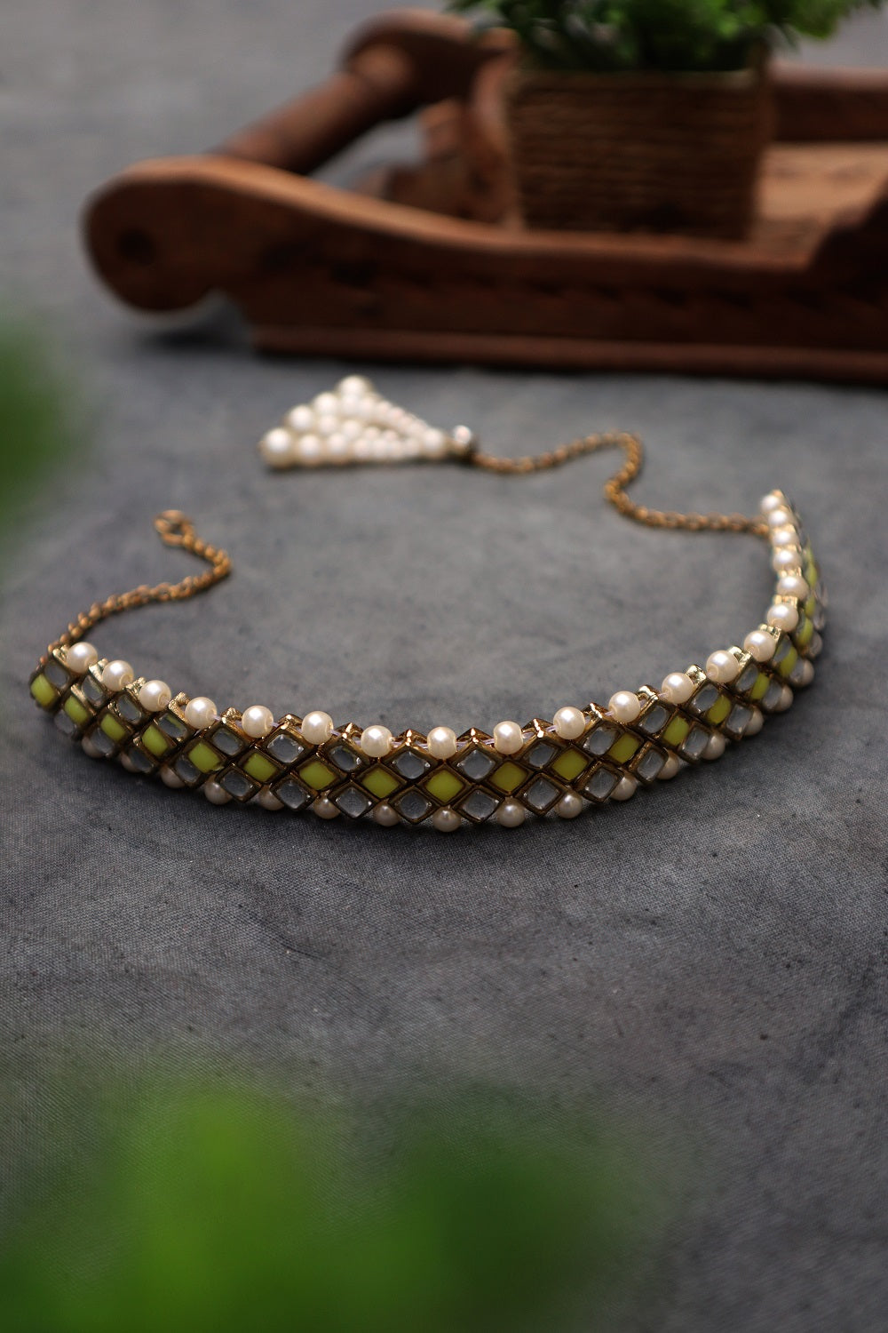 Kundan-Yellow Stone Choker Necklace Set With Bracelet
