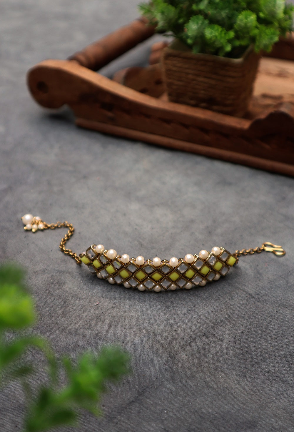 Kundan-Yellow Stone Choker Necklace Set With Bracelet