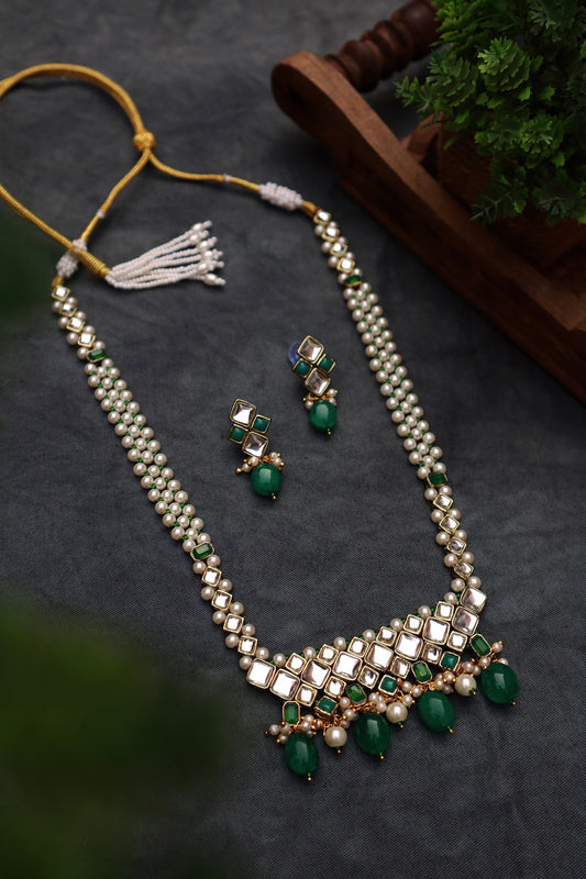 Green Stone Kundan and Pearl Long Necklace Set