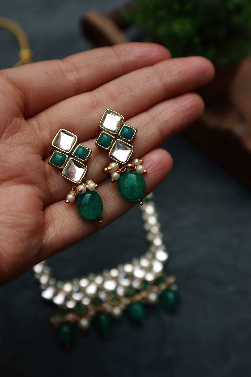 Green Stone Kundan and Pearl Long Necklace Set