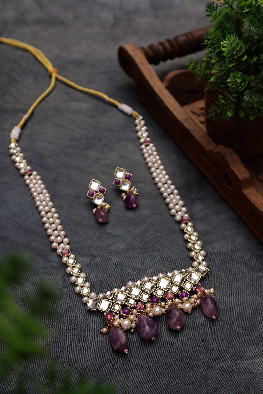 Amethyst Kundan and Pearl Long Necklace Set