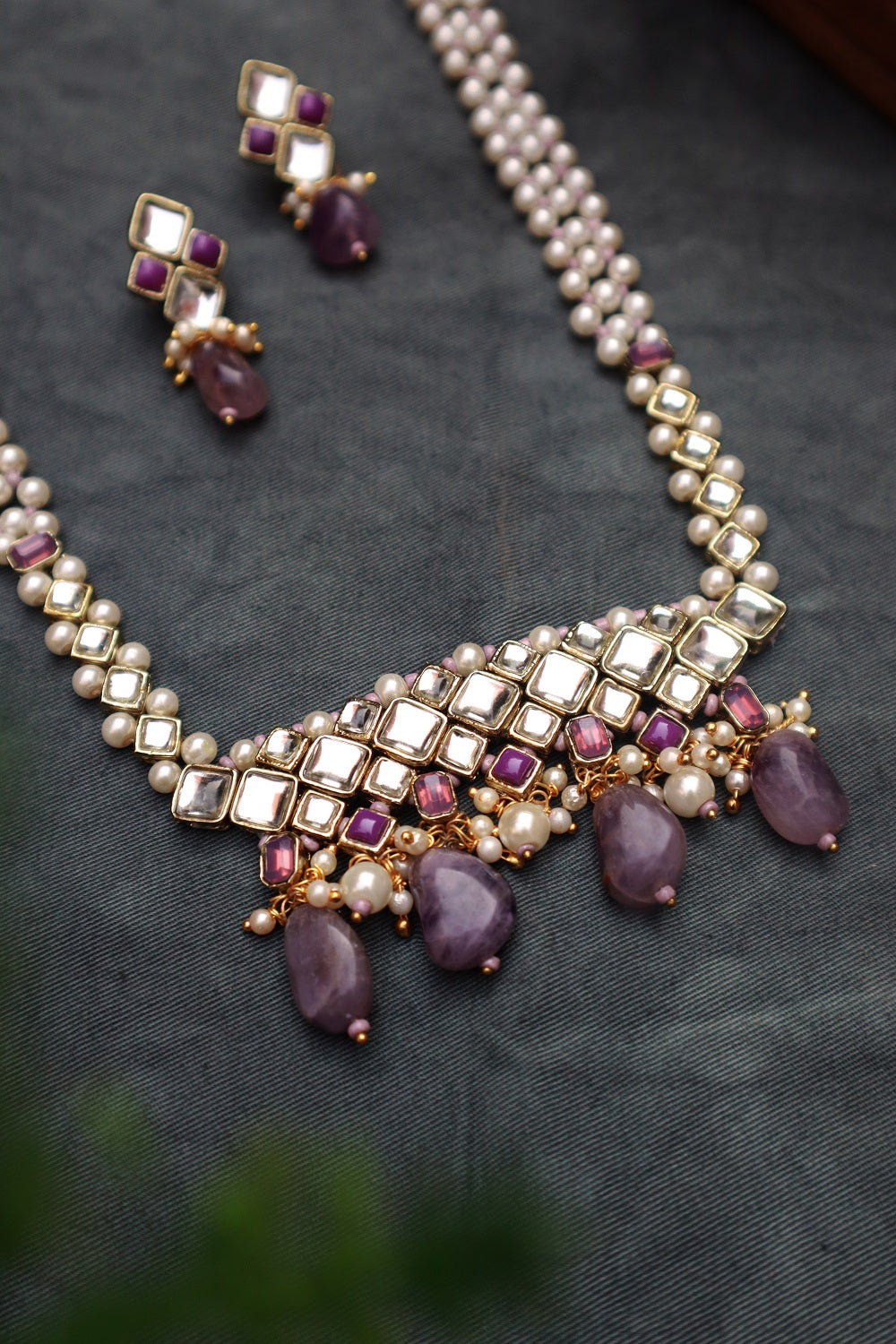 Amethyst Kundan and Pearl Long Necklace Set