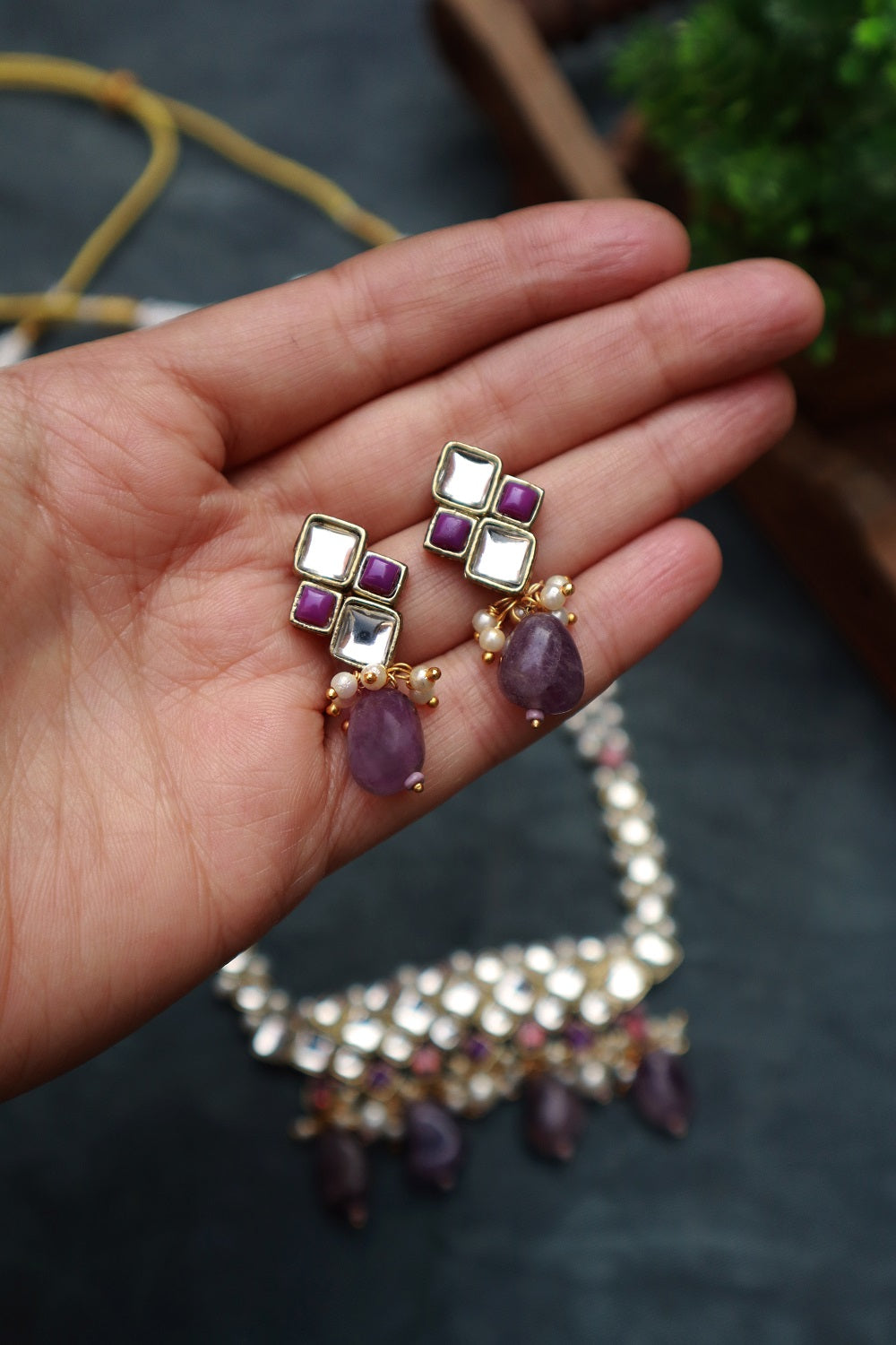 Amethyst Kundan and Pearl Long Necklace Set