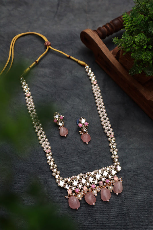 Rose Quartz Kundan and Pearl Long Necklace Set