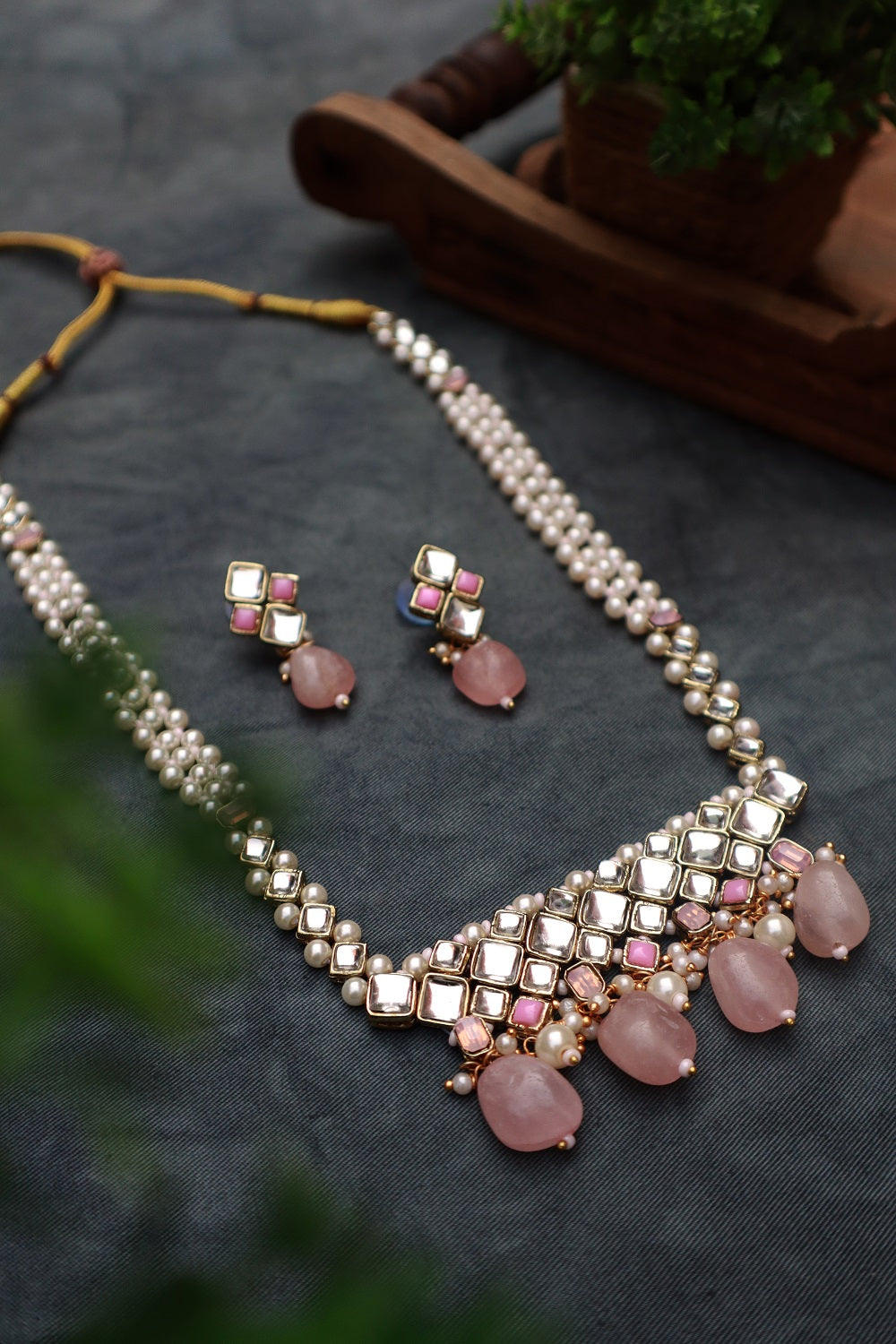 Rose Quartz Kundan and Pearl Long Necklace Set