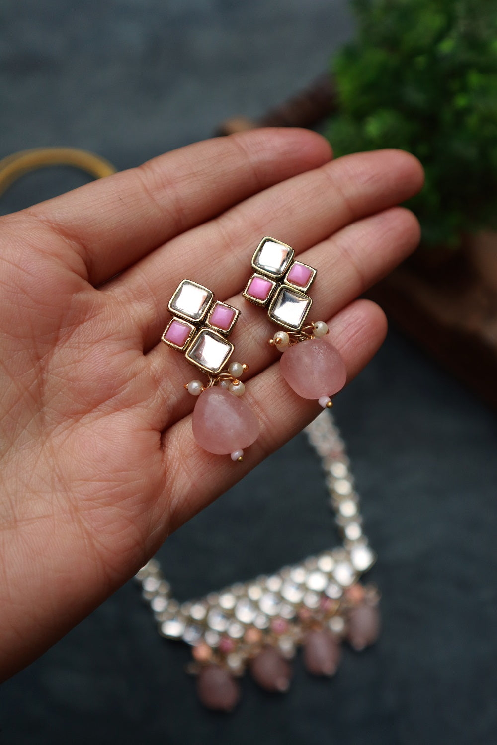 Rose Quartz Kundan and Pearl Long Necklace Set