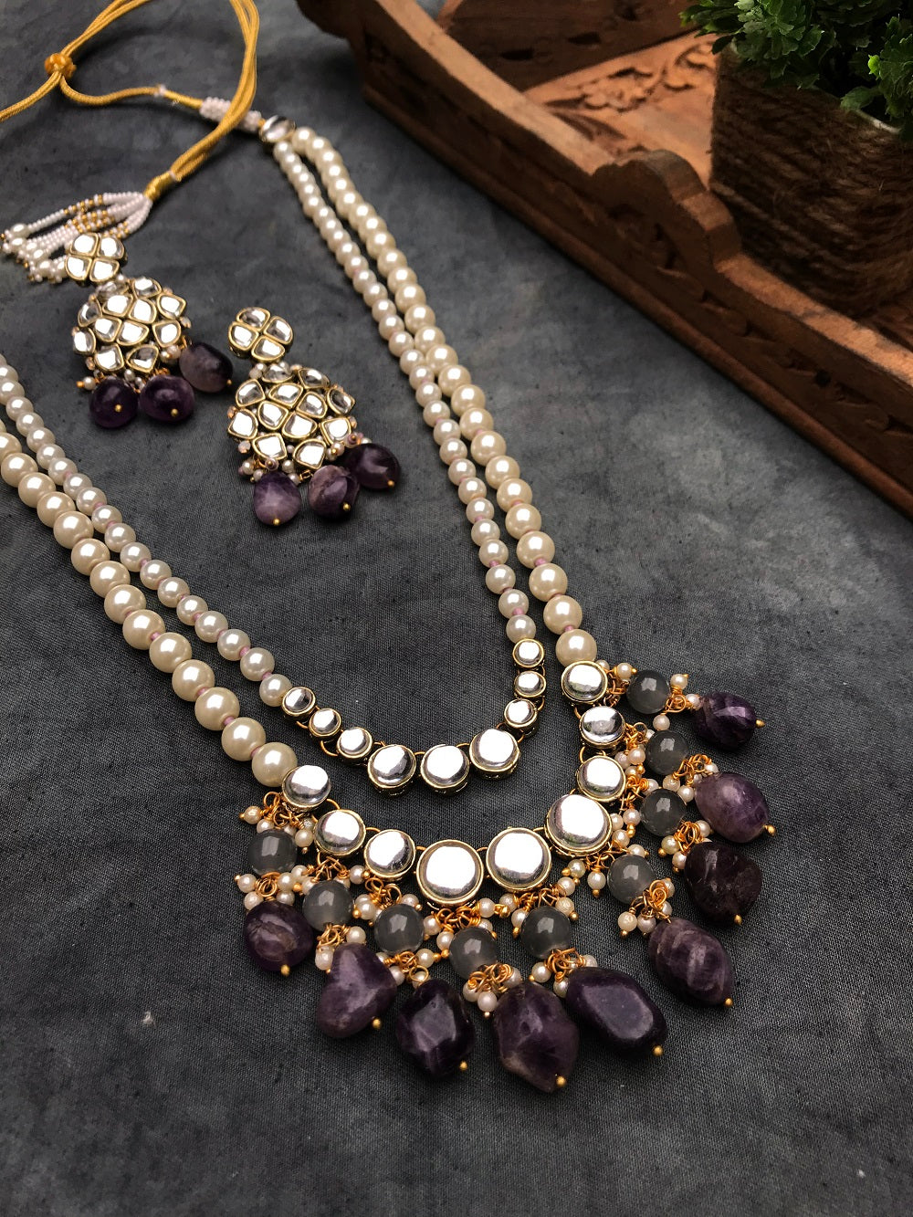 Amethyst and Kundan Long Layered Necklace Set