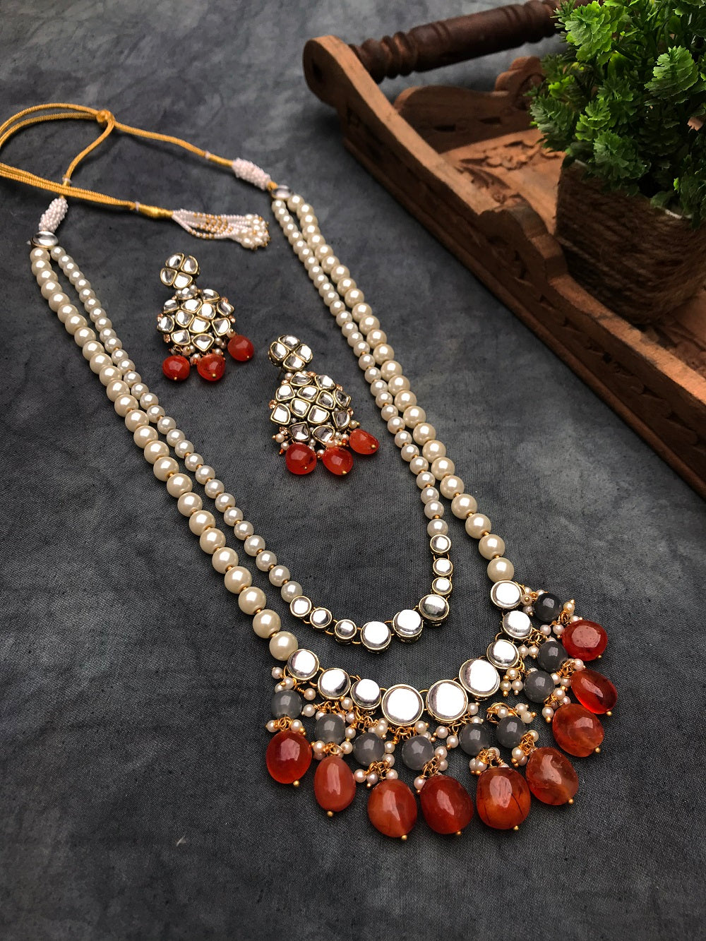 Carnelian and Kundan Long Layered Necklace Set