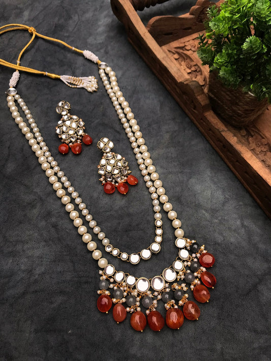 Carnelian and Kundan Long Layered Necklace Set