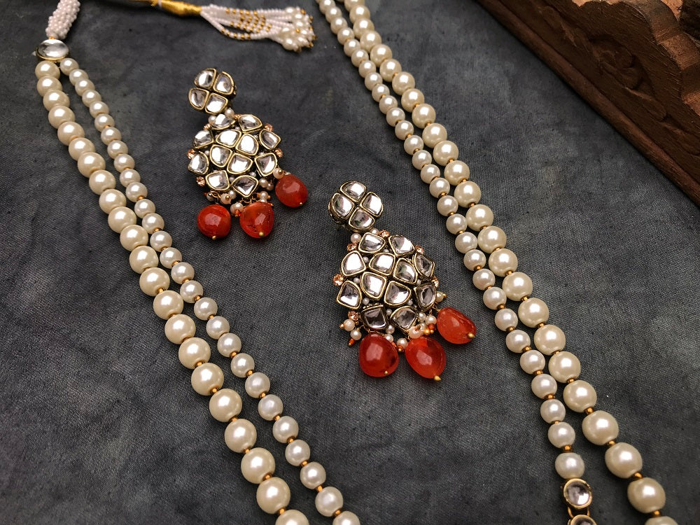 Carnelian and Kundan Long Layered Necklace Set