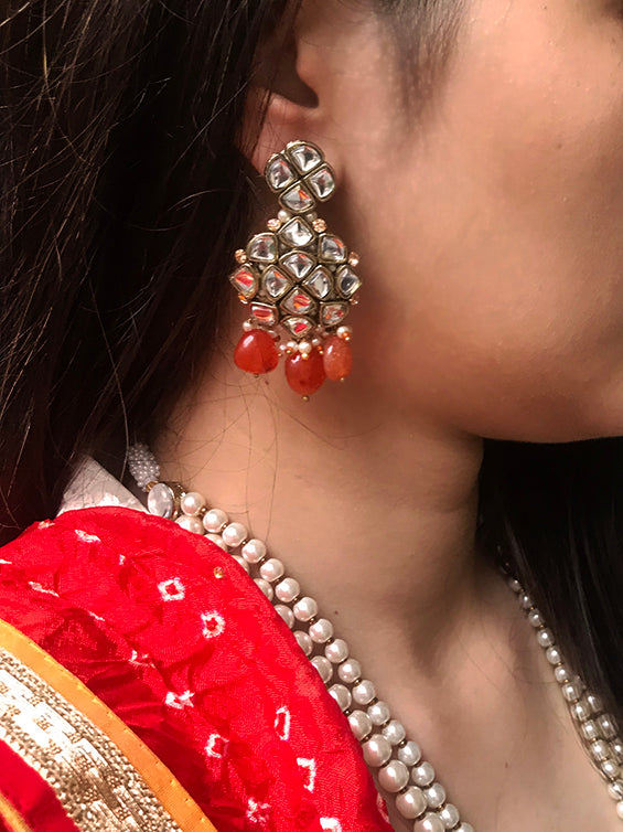 Carnelian and Kundan Long Layered Necklace Set