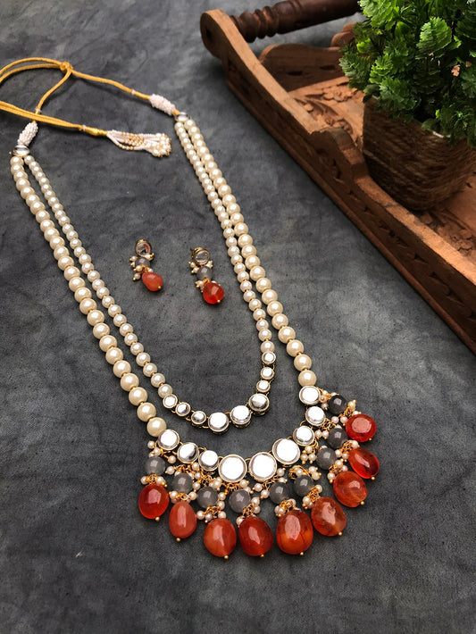 Carnelian and Kundan Long Layered Necklace