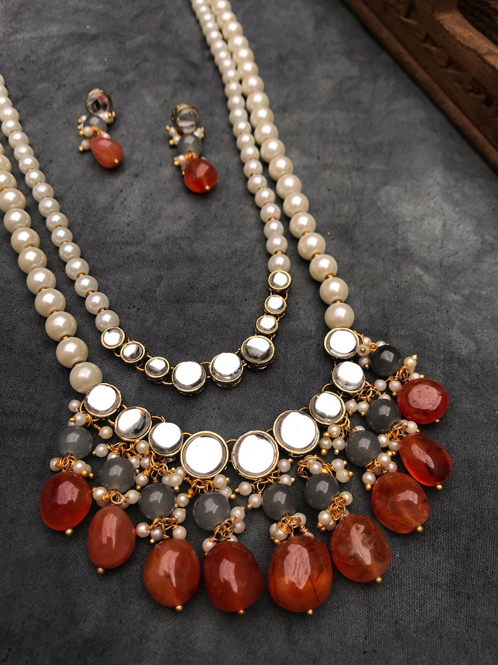 Carnelian and Kundan Long Layered Necklace