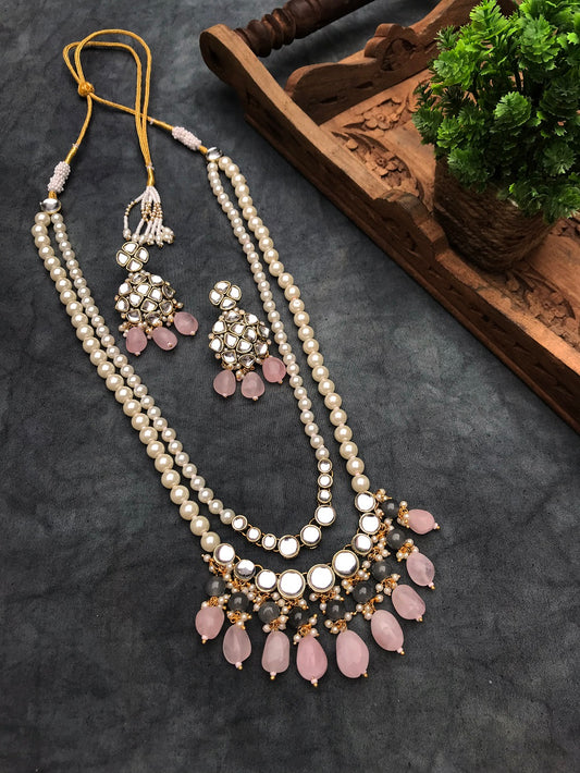 Rose Quartz and Kundan Long Layered Necklace Set