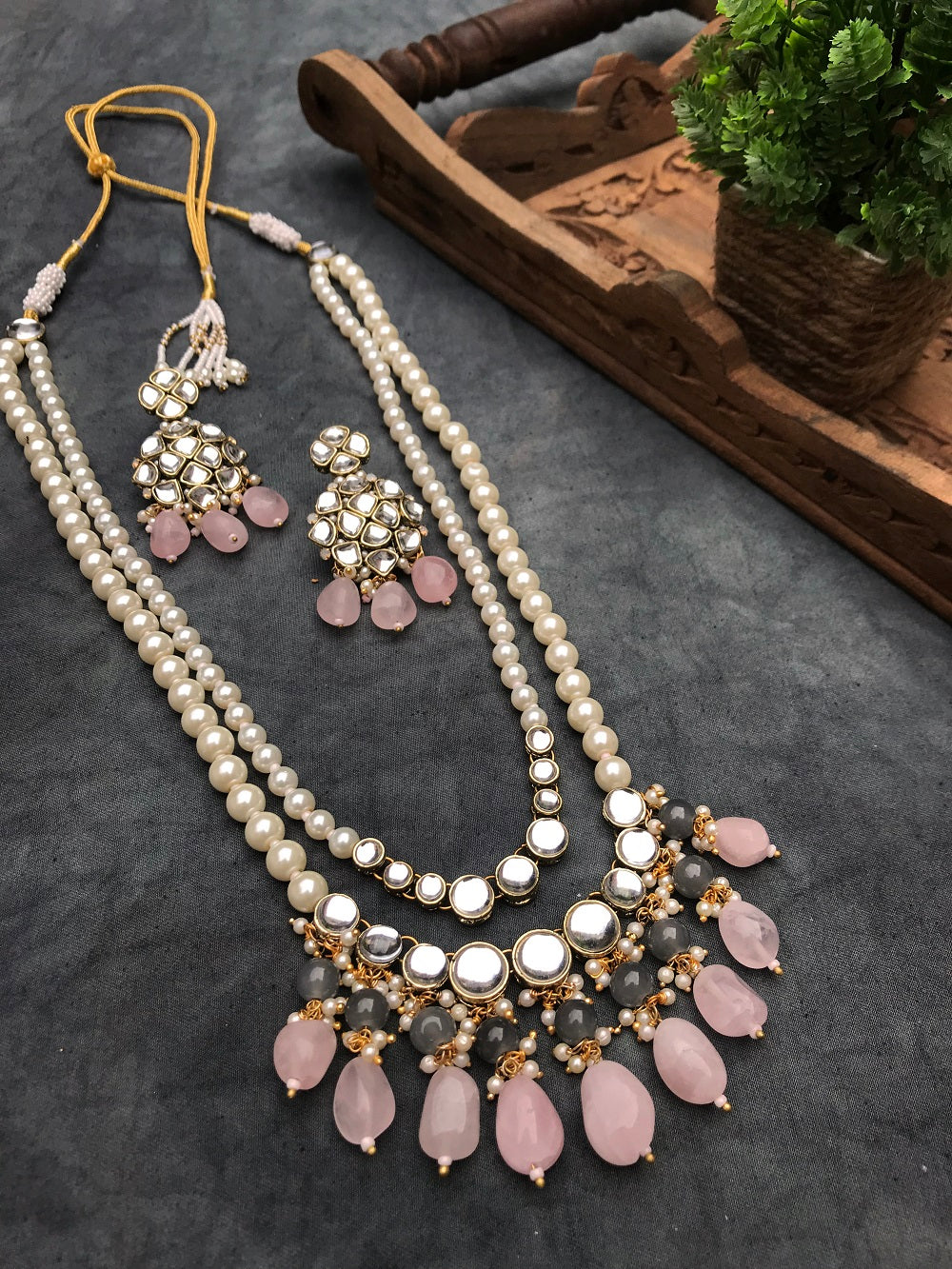 Rose Quartz and Kundan Long Layered Necklace Set