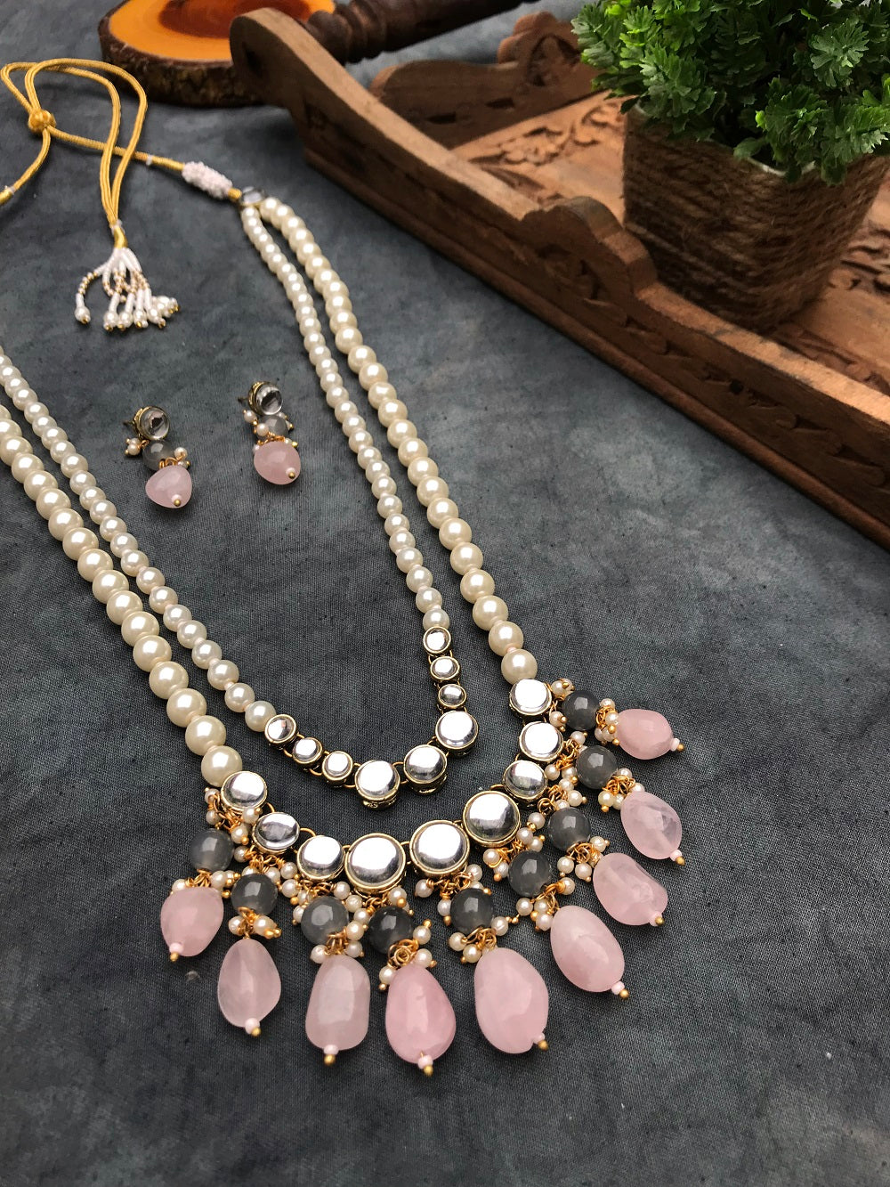 Rose Quartz and Kundan Long Layered Necklace