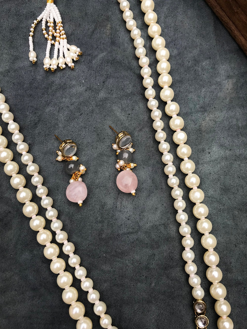 Rose Quartz and Kundan Long Layered Necklace