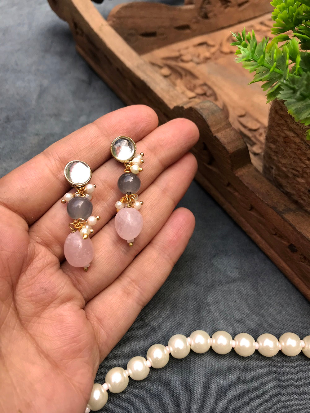 Rose Quartz and Kundan Long Layered Necklace