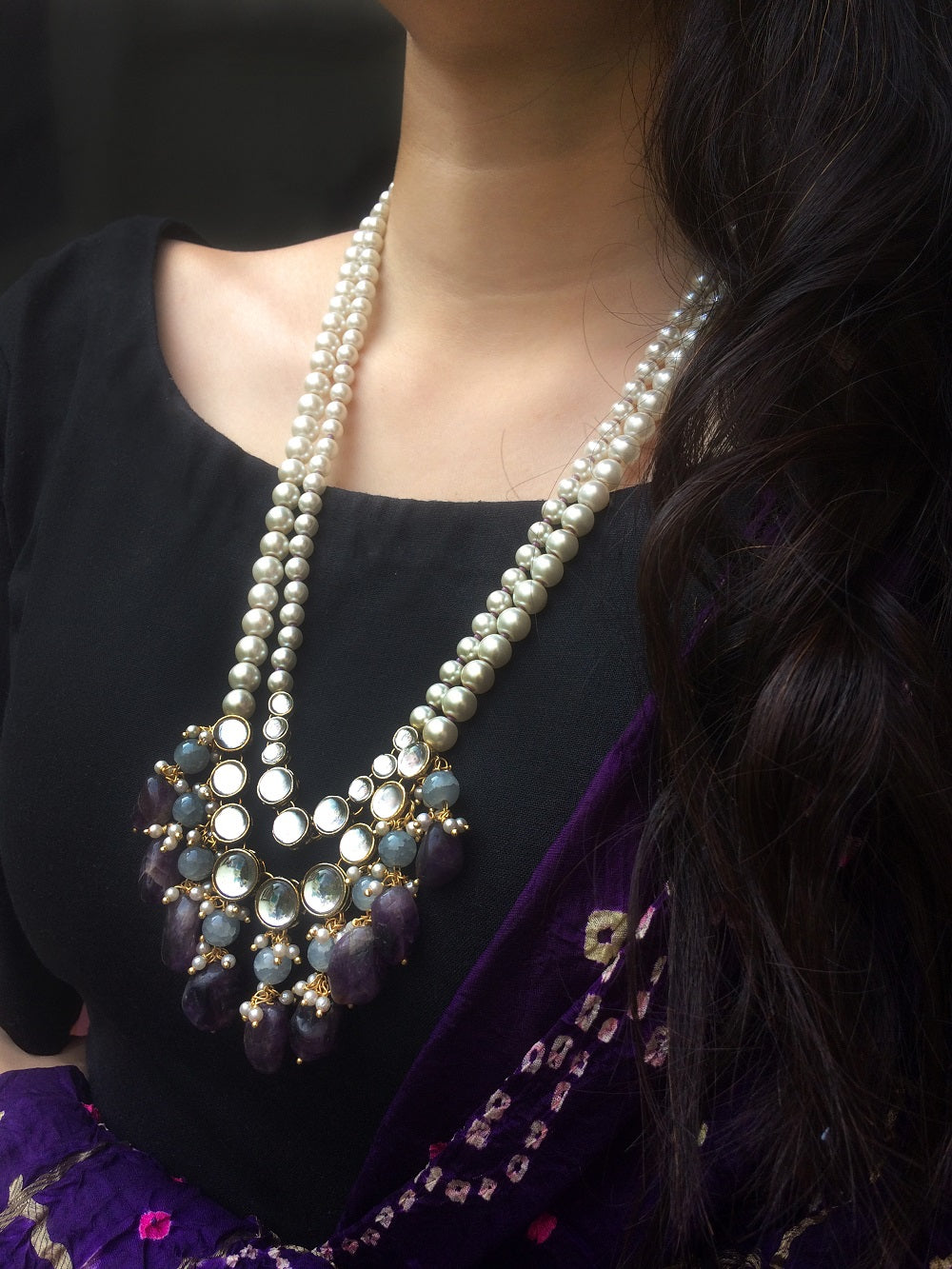 Amethyst and Kundan Long Layered Necklace Set