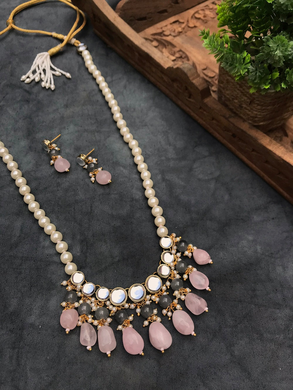 Rose Quartz and Kundan Long Necklace