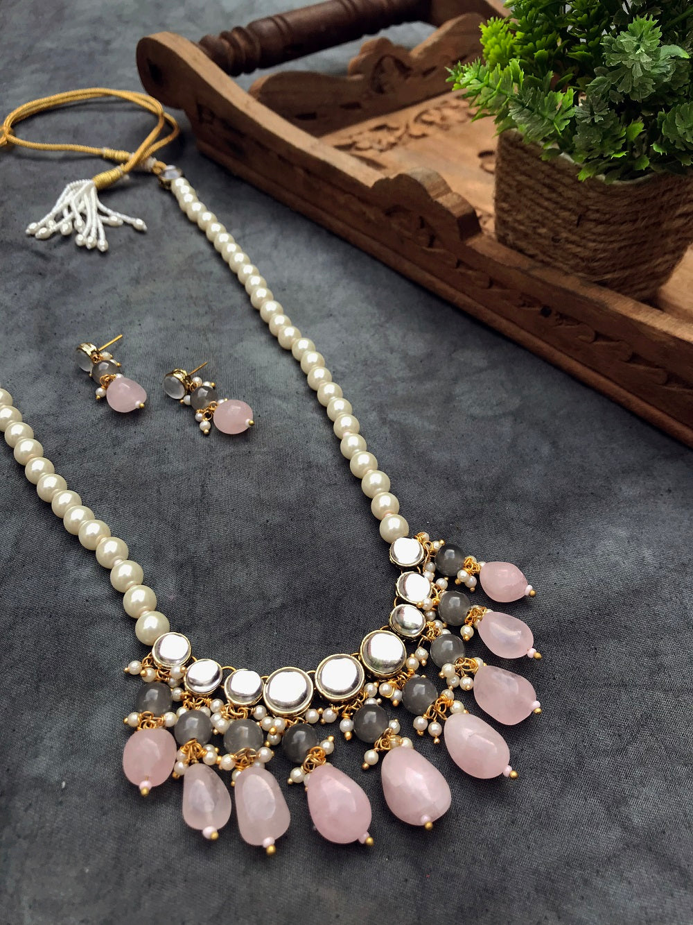 Rose Quartz and Kundan Long Necklace