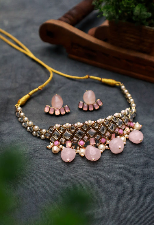 Rose Quartz Kundan and Pearl Choker Necklace Set