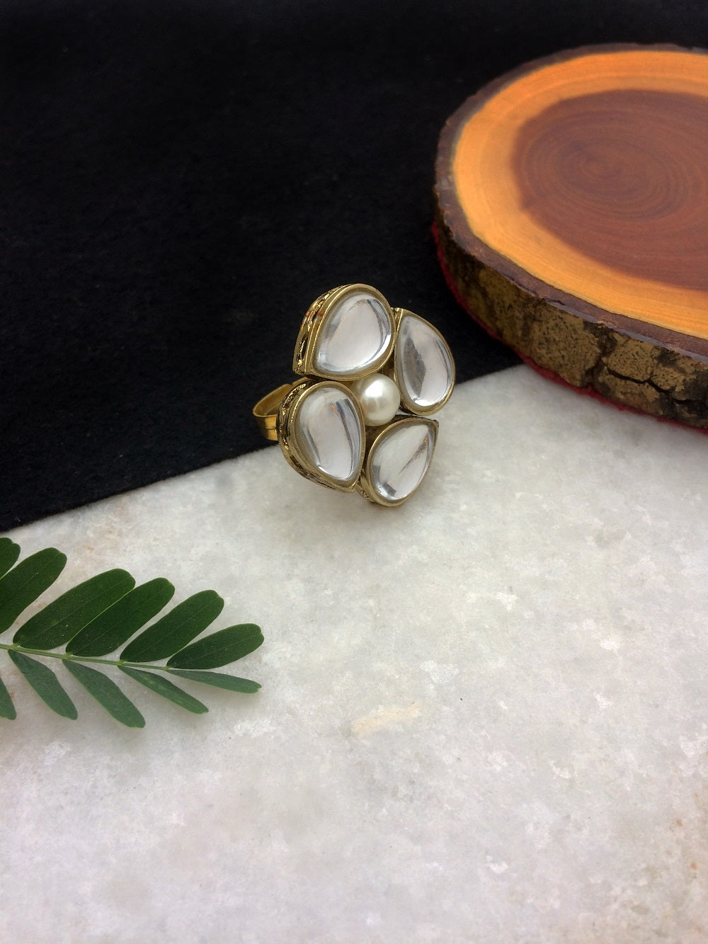 Kundan and Pearl Connected Ring