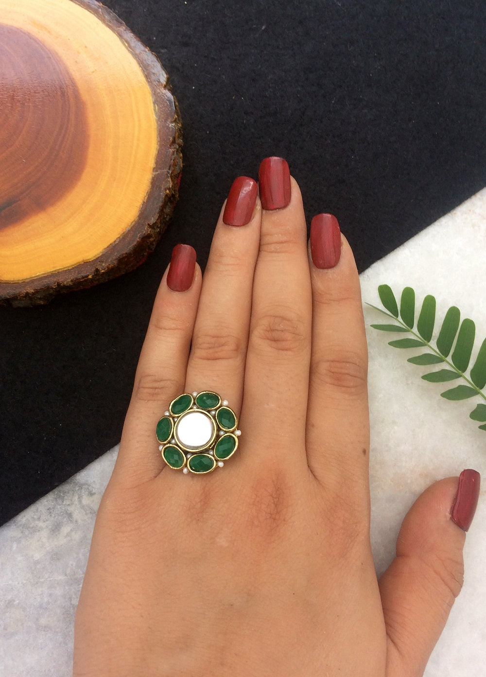 Round Kundan Green Ring